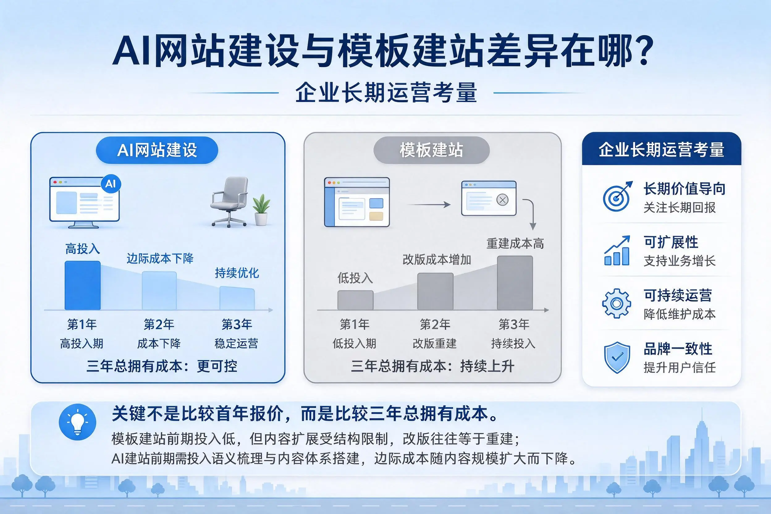 AI网站建设与模板建站差异在哪?濮阳企业长期运营考量